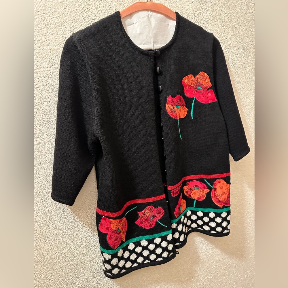 Anne Crimmins For UMI Collections Cardigan Women’s Black With Floral Appliqués.